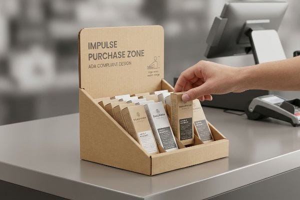 Kraft cardboard Impulse Purchase Zone POS display with Ada Compliant Design, a hand selecting a Sealpharm Sample Product at checkout.
