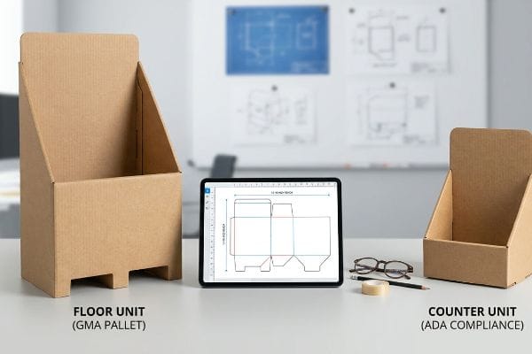 Corrugated cardboard Floor Unit (GMA Pallet) and Counter Unit (ADA Compliance) displays, with a tablet showing a packaging dieline.