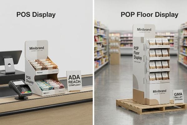 Two Minibrand retail displays: a counter POS Display with Ada Reach Compliant sign and a floor POP Display on a GMA Pallet Standard pallet.