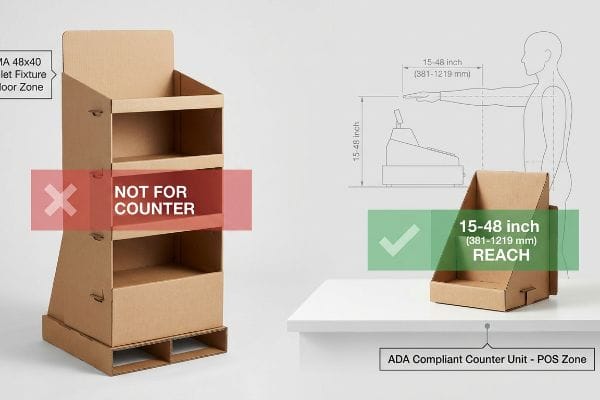 Corrugated cardboard displays contrasting a Gma 48x40 Pallet Fixture (Not For Counter) with an Ada Compliant Counter Unit (15-48 Inch Reach).