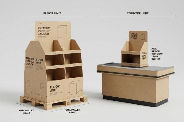 Kraft cardboard Floor Unit for Premium Product Launch on GMA Pallets (48x40) and a Counter Unit for Quick Grab Items, highlighting ADA Reach Window (15-48 Inches).
