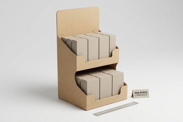 Kraft corrugated cardboard two-tier counter display filled with beige boxes, next to a ruler and an ADA Reach Compliance sign.