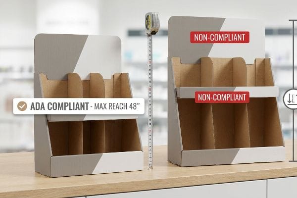 Cardboard counter displays illustrating ADA compliance, with one marked 'ADA Compliant - Max Reach 48