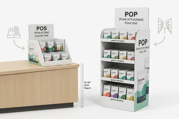 White cardboard POS Counter Unit and POP Floor Unit display generic branded pouches, illustrating ADA 15-48 inch reach.