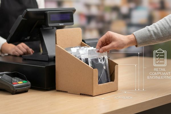 Un expositor de cartón kraft natural para punto de venta, colocado sobre un mostrador, que muestra una mano extendiéndose hacia un producto. Los gráficos resaltan la ingeniería compatible con el sector minorista y el acceso para personas con discapacidad (cumpliendo con la normativa ADA).
