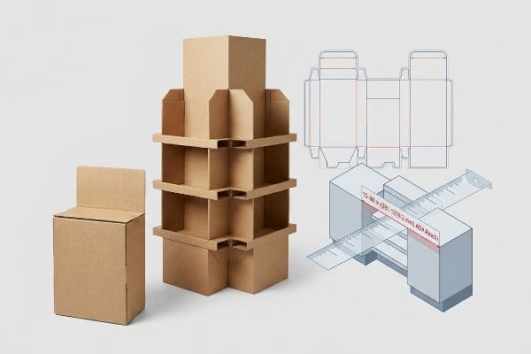 Brown corrugated cardboard displays, a dieline, and an isometric diagram illustrating the 15-48 inch (381-1219.2 mm) ADA reach window for retail compliance.