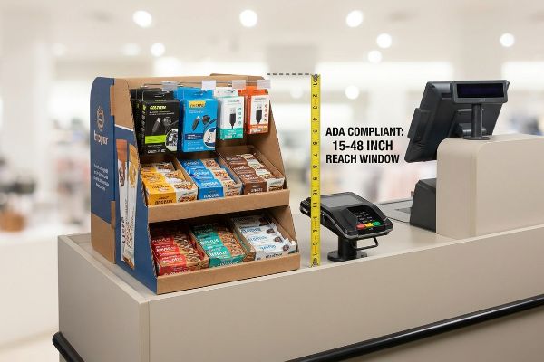 Cardboard counter POP display featuring snacks, electronics, and a yellow measuring tape indicating ADA Compliant 15-48 Inch Reach Window.