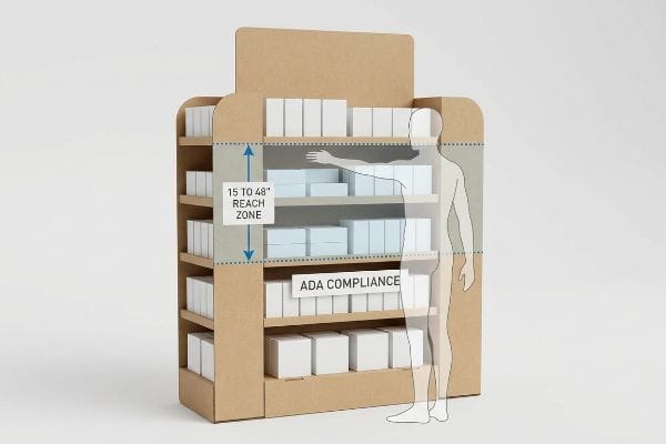 Kraft cardboard display with white boxes, illustrating a person reaching within the 15 to 48-inch Reach Zone for Ada Compliance.