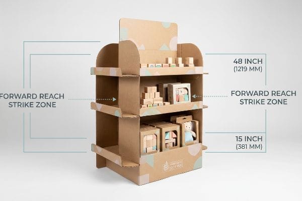 Corrugated cardboard display for Montessori toys, highlighting Ada Forward Reach Strike Zone 15 to 48 inches, with baby-safe soy ink.