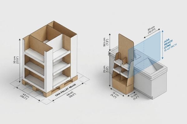 Corrugated cardboard floor merchandiser on a Gma Pallet 48x40 and a checkout counter unit, illustrating Ada Reach Zone 15-48 Inch compliance with dimensions.