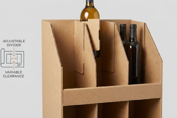 Brown corrugated cardboard display with adjustable dividers and variable clearance, clearly labeled with a diagram, holding bottles for flexible merchandising.