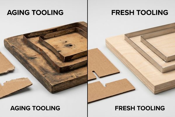 Worn 'Aging Tooling' with warped plywood and jagged cardboard cuts contrasted with 'Fresh Tooling' featuring clean plywood and razor-sharp cuts.