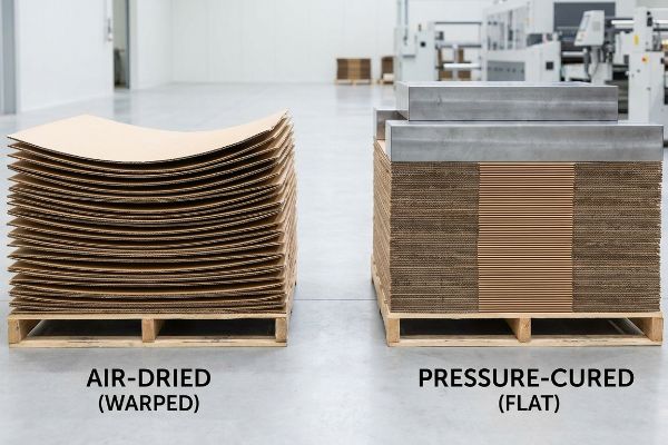 Warped Air-Dried corrugated cardboard sheets on a pallet next to flat Pressure-Cured sheets under weights, highlighting proper pop material lamination.