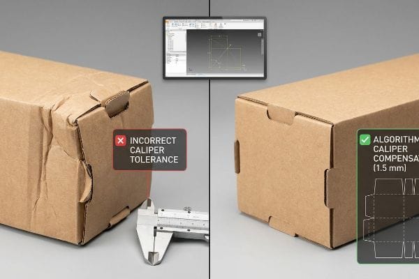 Boîte en carton froissée avec la mention « Tolérance d'étrier incorrecte » à côté d'une boîte parfaite montrant la mention « Compensation d'étrier algorithmique (1,5 mm) » issue d'une conception paramétrique CAO.