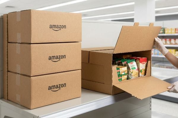 Brown corrugated Amazon boxes, three stacked, with a gloved hand opening an SRP box revealing food products for retail display.