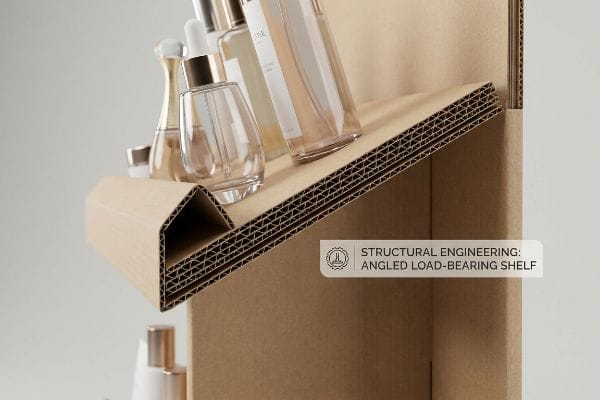 Corrugated cardboard angled load-bearing shelf with cosmetic glass bottles, showcasing Structural Engineering.