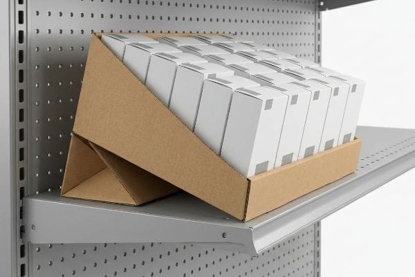 Brown corrugated cardboard PDQ display tray angled on a metal gondola shelf, filled with multiple white product boxes, enhancing lower-shelf visibility.