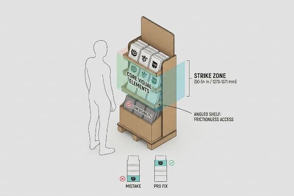 Diagrama de exibição em papelão para ponto de venda, mostrando os principais elementos visuais na área de impacto e a prateleira inclinada para facilitar o acesso.