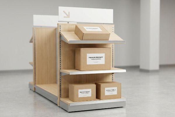 Angled light wood and silver retail end cap display with 'Premium Product Custom Packaging' boxes and a downward arrow.