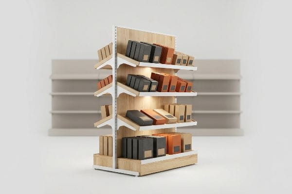 Angled wooden retail display unit showcases black, orange, and kraft product boxes with spotlights, enhancing visual merchandising.