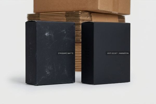 Scuffed black Standard Matte packaging box next to a pristine Anti-Scuff Lamination box, showcasing superior scratch resistance.
