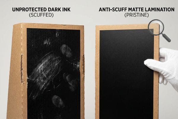 Scuffed Unprotected Dark Ink on cardboard contrasts with pristine Anti-Scuff Matte Lamination, highlighting durability.