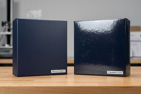 Navy blue boxes showcasing Anti Scuff Matte and Standard Gloss laminations, highlighting surface texture differences.