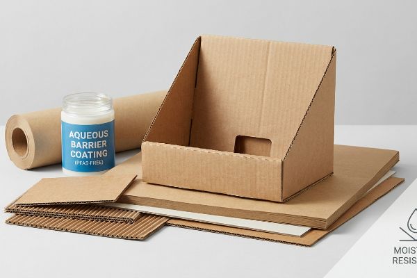 Aqueous Barrier Coating (PFAS Free) jar, corrugated cardboard, kraft paper roll, and assembled display box for moisture-resistant food packaging.