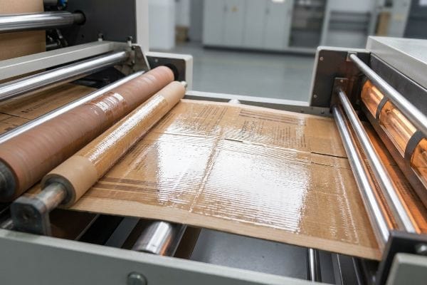 Applying aqueous coating to corrugated board with inline rollers and heated dryers, creating a glossy protective layer.