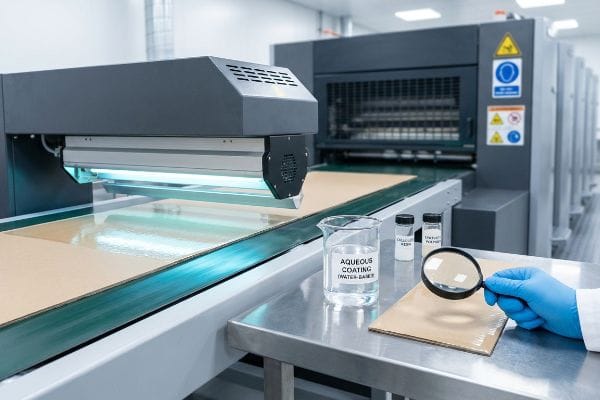Aqueous Coating (Water-Based) beaker, Cellulose Resins, and Synthetic Polymers bottles on a table with a gloved hand inspecting packaging under a UV curing machine.