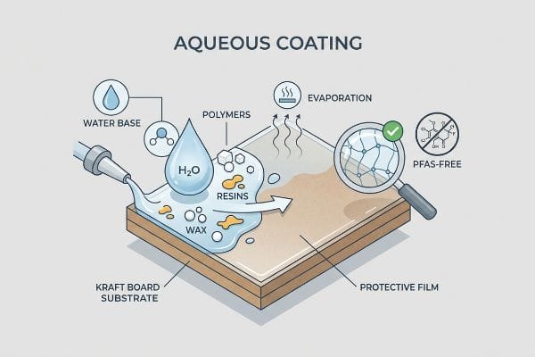A diagram illustrates aqueous coating on kraft board, showing water base, polymers, resins, and wax evaporating to form a PFAS-free protective film.