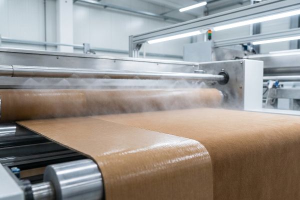 Aqueous soft touch coating being applied to brown corrugated board, with mist rising from the material on industrial rollers in a factory setting.