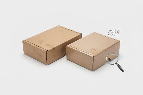 Brown corrugated cardboard boxes, one with a water droplet and magnifying glass, symbolizing aqueous coating for moisture protection and recyclability.