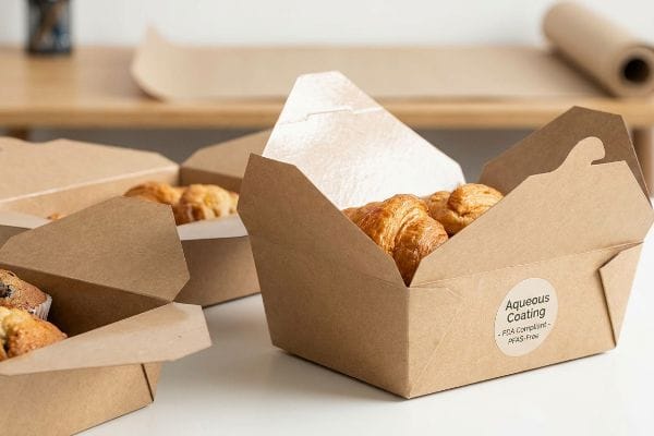Brown kraft paper takeout boxes, one with croissants and an 