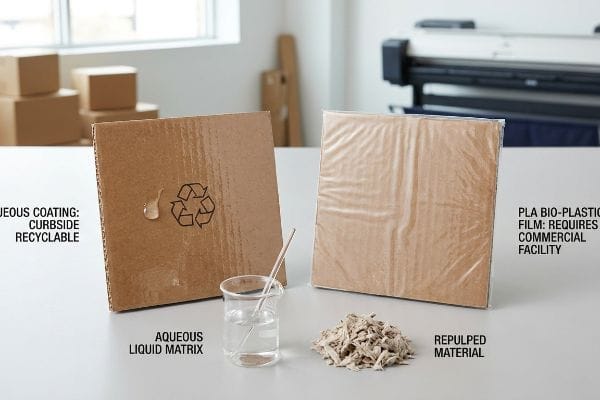 Aqueous Coated Curbside Recyclable cardboard, water droplet, contrasted with Pla Bio-Plastic Film, Commercial Facility.