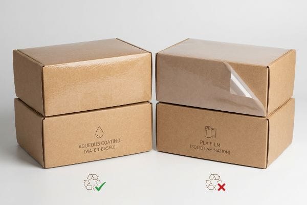 Brown cardboard boxes contrasting Aqueous Coating (Water-Based) with a green recycling check, and PLA Film (Solid Lamination) with a red 'X'.