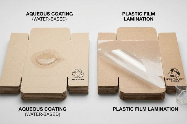 Brown cardboard: Aqueous Coating (Water-Based) with water droplet, Recyclable symbol; Plastic Film Lamination with peeling film, Non-Recyclable Residue.