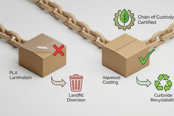Cardboard boxes illustrate PLA lamination leading to landfill diversion versus aqueous coating enabling curbside recyclability, with Chain of Custody Certified packaging.