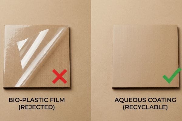 Cardboard samples show Bio-Plastic Film (Rejected) with a red X versus Aqueous Coating (Recyclable) with a green checkmark.