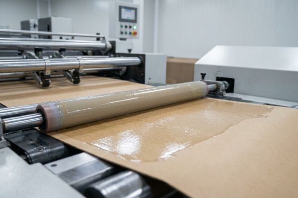 Aqueous coating is being applied by a machine roller onto a brown corrugated cardboard sheet, creating a clear, glossy protective layer.