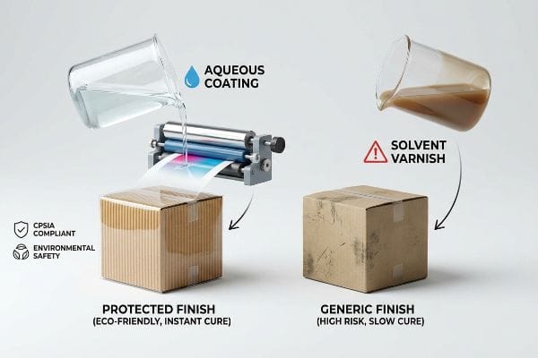 Two beakers demonstrate packaging finishes: one pours Aqueous Coating onto a printing roller for a shiny, CPSIA Compliant, Eco-Friendly, Instant Cure cardboard box, while another pours Solvent Varnish onto a dull, High Risk, Slow Cure generic box.
