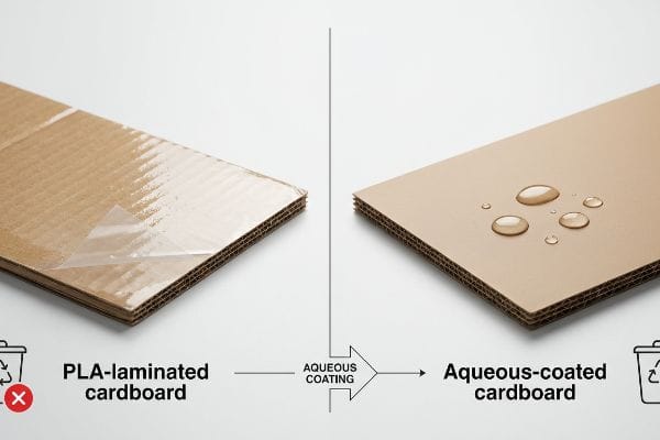 PLA-laminated cardboard with a visible plastic film and no-recycling icon contrasted with aqueous-coated cardboard showing water droplets and a recycling symbol.