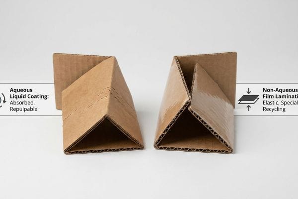 Two folded corrugated cardboard structures, one with Aqueous Liquid Coating (Absorbed, Repulpable) and the other with Non-Aqueous Film Lamination (Elastic, Special Recycling), on a white background.