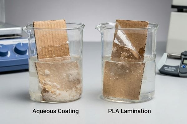 Wellpappe in zwei Bechergläsern: Die „wässrige Beschichtung“ löst sich in Wasser auf, während die „PLA-Laminierung“ intakt bleibt. Dies verdeutlicht die Unterschiede beim Aufbereiten von Zellstoff.