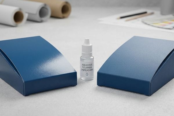 Aqueous Polymer Dispersion bottle between glossy and matte blue boxes, showcasing soft touch coating options.