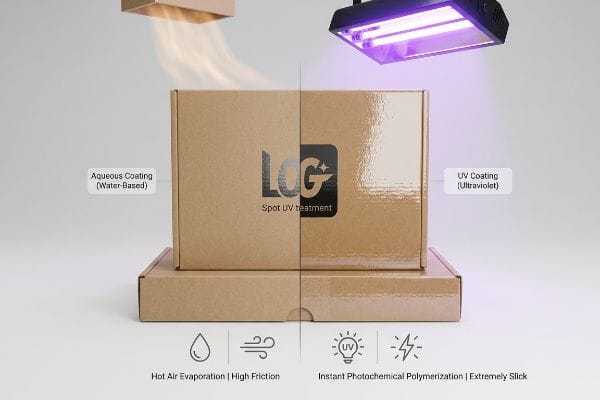 Brown cardboard box split, contrasting matte aqueous water-based coating with hot air evaporation against glossy UV ultraviolet coating with instant photochemical polymerization, featuring LCG Spot UV Treatment.