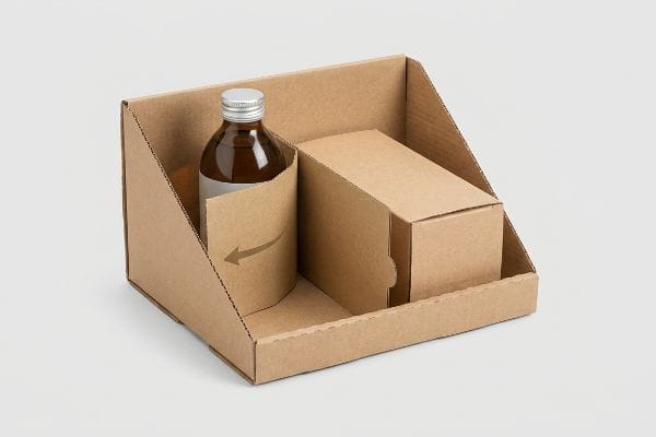 Brown corrugated cardboard retail display with flexible modular divider, securing amber bottle and product box for cross merchandising.