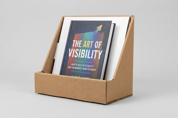 Brown corrugated book display featuring 'The Art of Visibility' by Cheld Lert, optimizing 85% cover visibility.