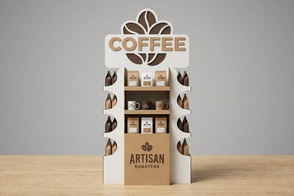 White and brown cardboard POP display for Artisan Roasters coffee, featuring die-cut coffee bean shapes and product bags.