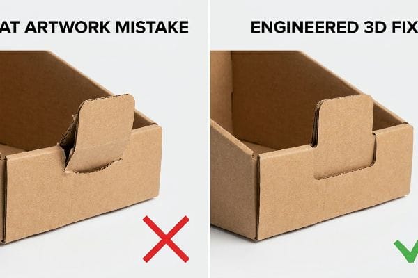 Boîtes d'affichage en carton ondulé brun naturel comparant une erreur de conception à plat avec une languette bombée et une solution 3D technique pour un assemblage sans faille.